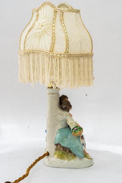 Porcelain Table Lamp With Original Fabric Shade Vienna Around 1960s photo Lighting