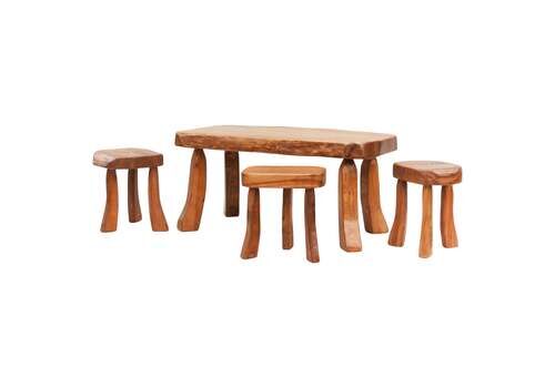 Solid Elm Live Edge Living Room Set Table & 3 Side Tables/Stools C1970 France