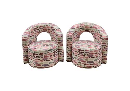 Pair Of Vintage Armchairs Newly Upholstered With Fantasy Cotton Fabric, 1970s