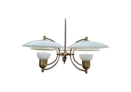 A Danish Pendant By Voss Of Fredeicia In Brass With Glass Shades