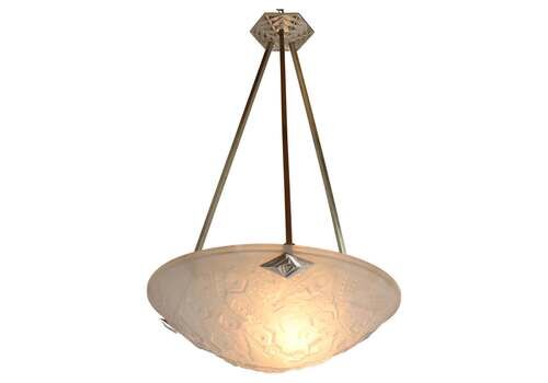 Antique French Art Deco Pendant / Chandelier By Muller Freres White Glass 1930