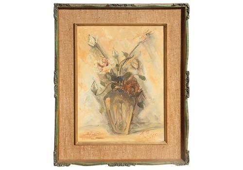 Depisis Style Midcentury Oil Panting Vase Rose Flowers 1940s Classic Frame