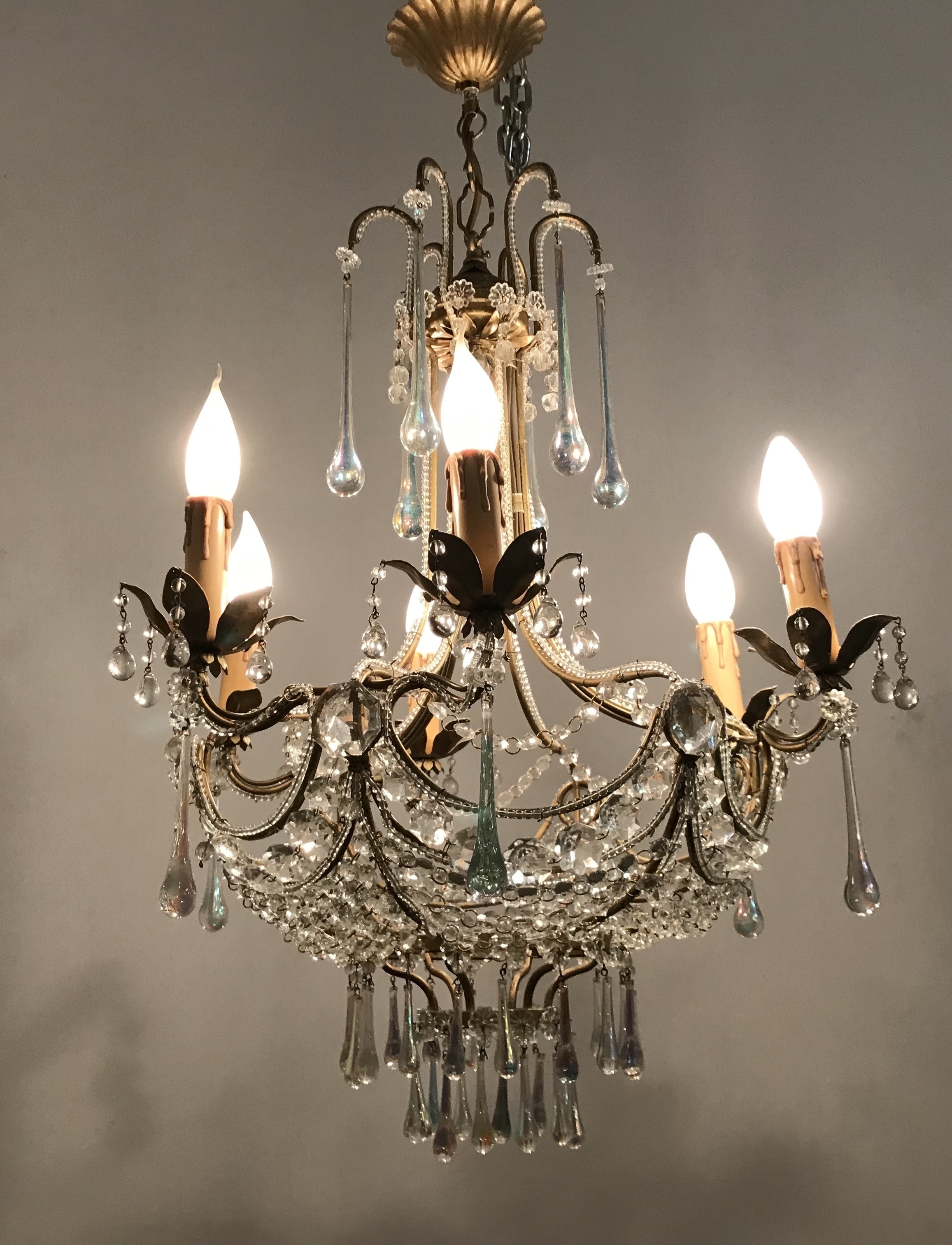 Vintage Crystal Beaded Chandelier with Murano Glass Pendant Drops Vintage Crystal Beaded Chandelier with Murano Glass Pendant Drops