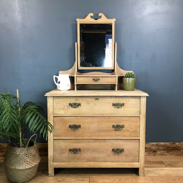 Antique Arts Crafts Chest Of Drawers Oak Mirror Vintage Dressing Table Rustic