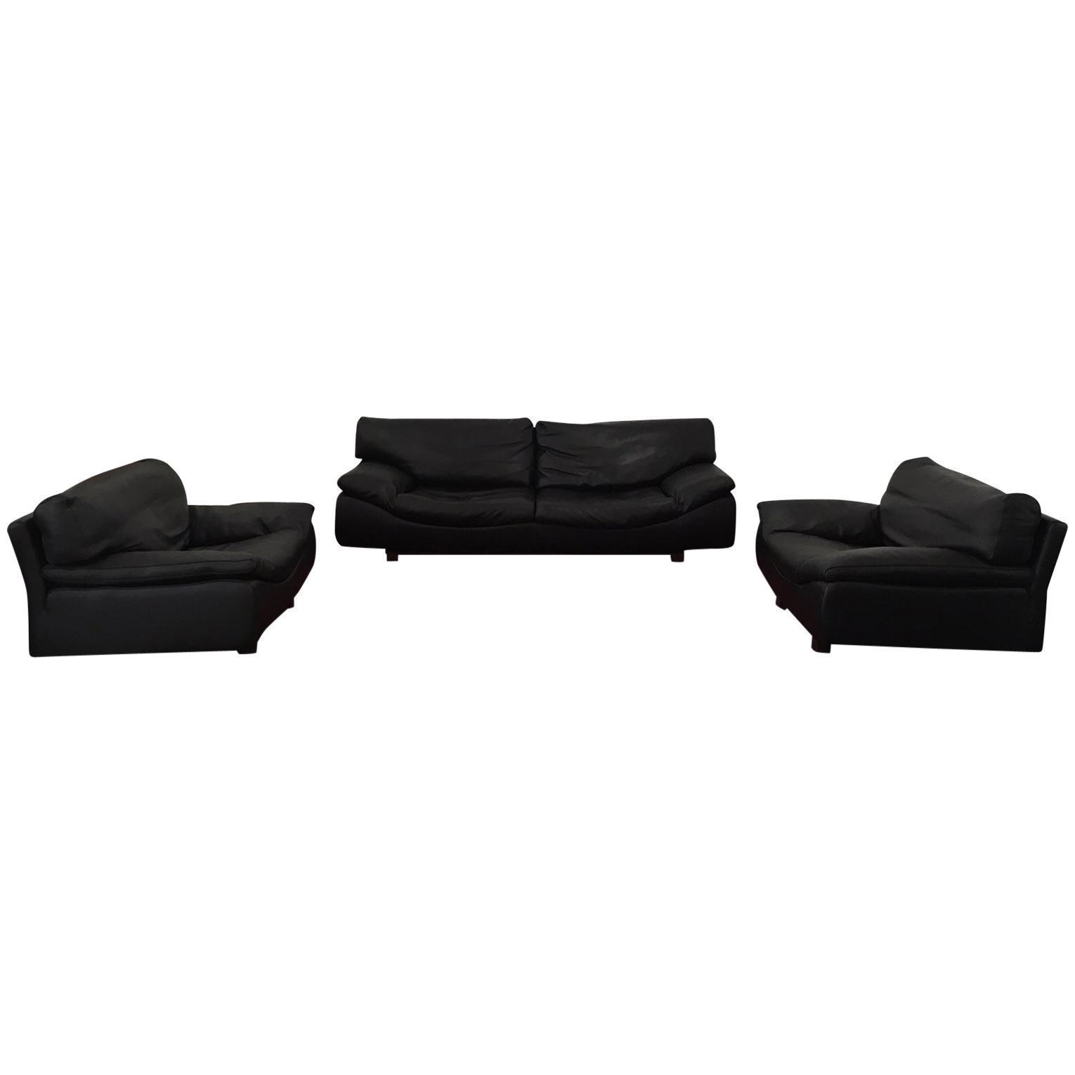 Black Leather Postmodern Modern Roche Bobois Sofa Set Living
