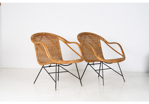 A Pair Of 1950s Mid Century Rattan Basket Chairs In The Manner Of Arthur Umanoff