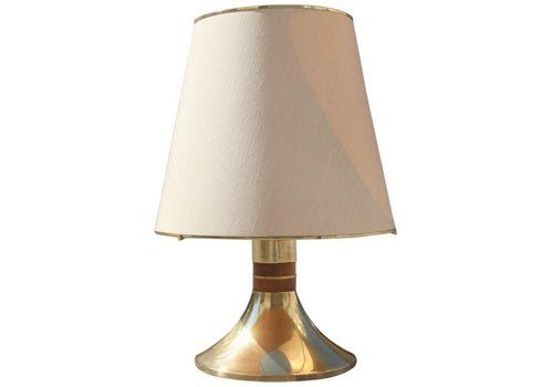 Round Table Lamp Brass Wood Shantung Dome Italian Design 1970 Gold Cone