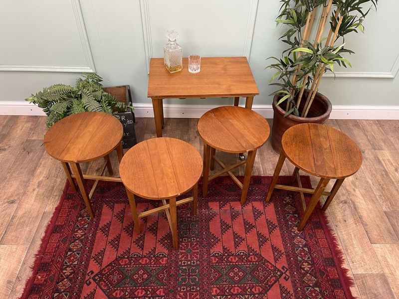Mid Century Retro Teak Nest Of 5 Tables, Coffee Tables, Danish Style photo for sale