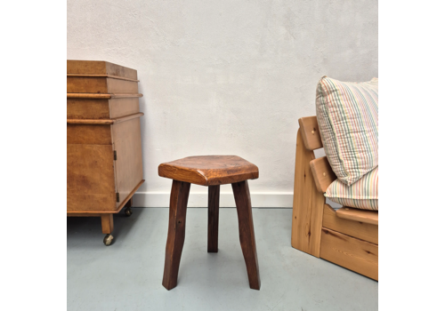 French Brutalist Wooden Stool Or Side Table: Mid Century Modernist Retro Style