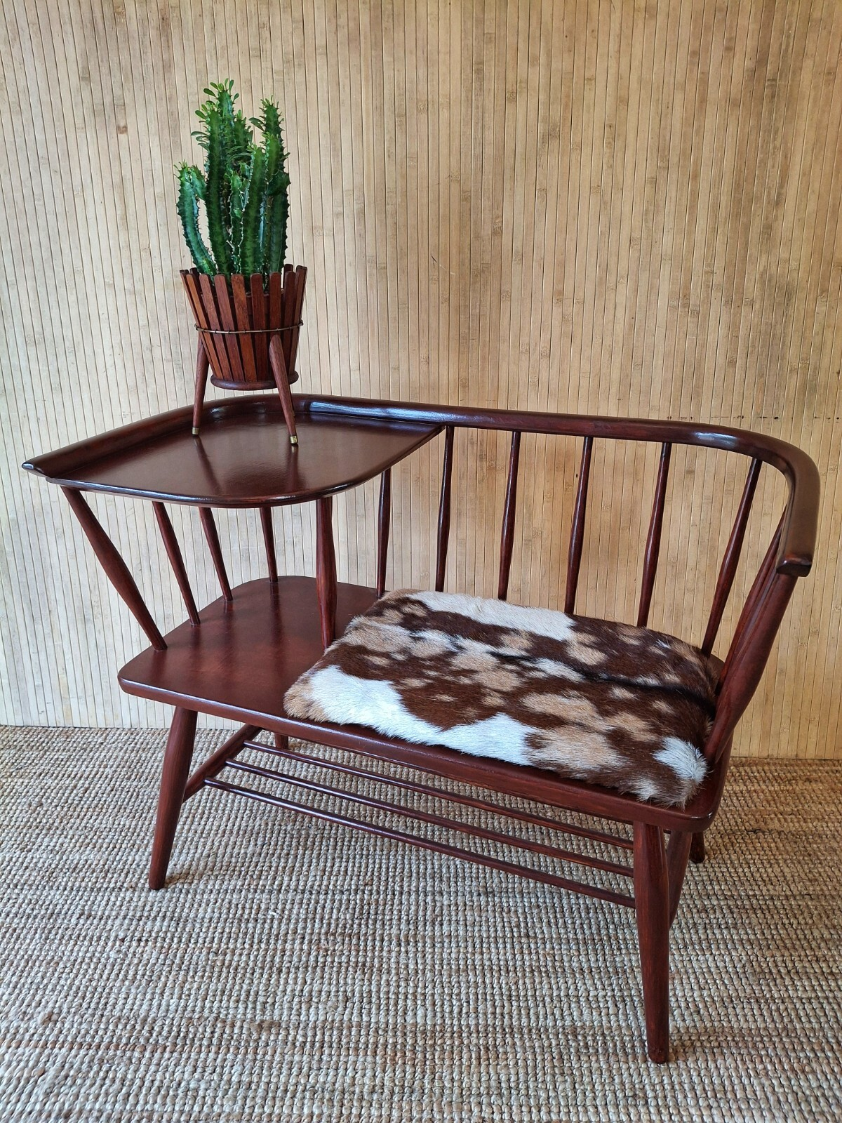 Fab Vintage Chippy Heath Mid Century Teak Telephone Seat Hall Table Goatskin