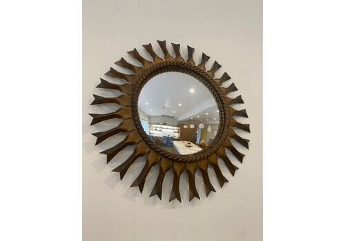 Rare Beautiful Chaty Vallauris Bronze Convex Sunburst Mirror 1950s