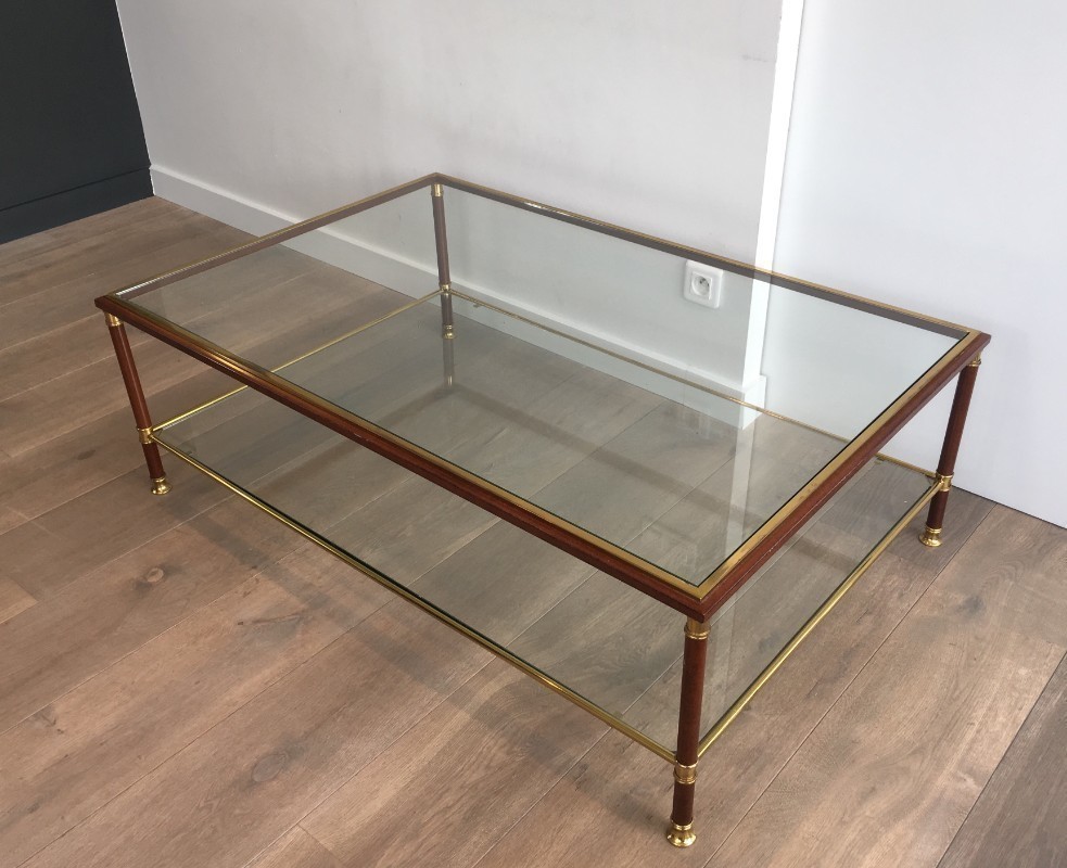 Elegant Large Burdy Lacquered And Brass Coffee Table With 2 Glass Shelves Circa 1960