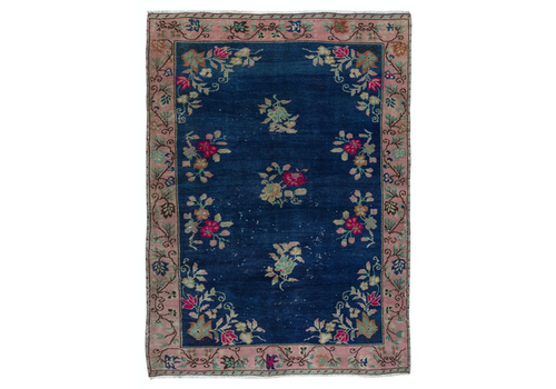6x8.2 Ft Chinese Art Deco Inspired Vintage Handmade Area Rug In Dark Blue Color