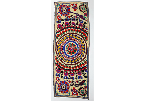 4.5x12 Ft Asian Suzani Textile. Embroidered Cotton & Silk Bed Cover Wall Hanging