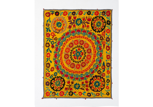 4.5x6 Ft Asian Suzani Textile. Embroidered Cotton & Silk Bed Cover, Wall Hanging