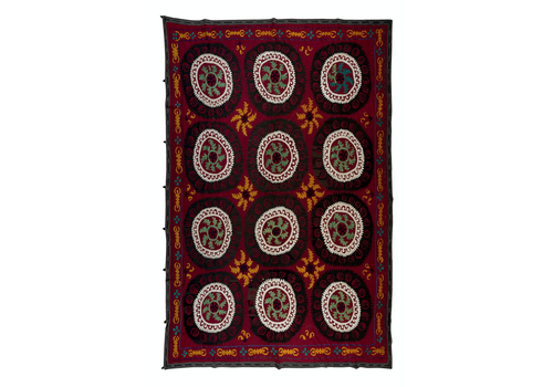 7.4x9.4 Ft Vintage Silk Hand Embroidery Bed Cover, Uzbek Suzani Wall Hanging