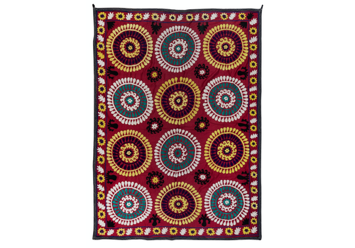 4.7x6.4 Ft Vintage Silk Embroidery Wall Hanging, Red Uzbek Suzani Bed Cover