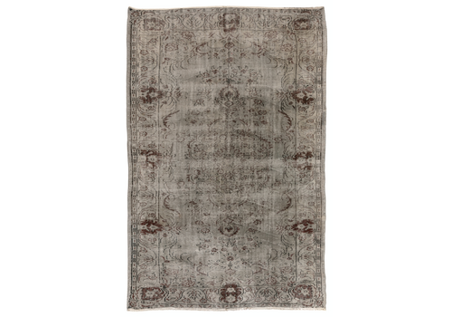 6.3x9 Ft Mid Century Floral Design Rug Overdyed In Gray, Handknotted In Turkey