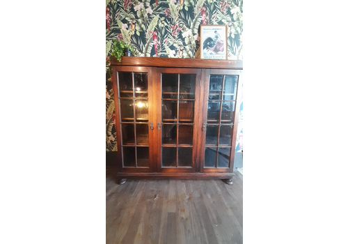 Antique Arts And Crafts Solid Oak 3 Door Bookcase