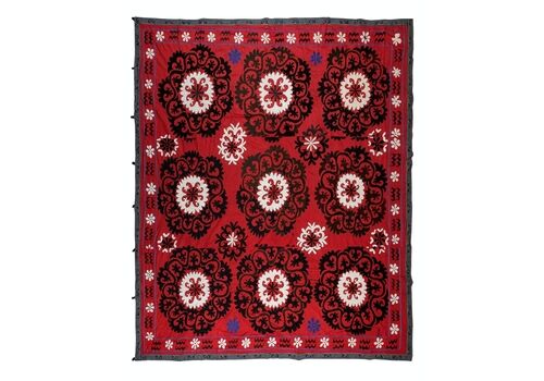 7.3x7.4 Ft Vintage Asian Suzani Wall Hanging, Silk Hand Embroidery Bed Cover