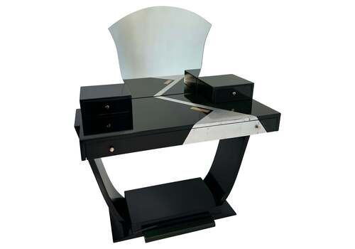 Italian Art Deco Black And Green Lacquer, Silver Leaf Vanity Table, 1970s