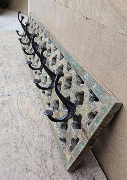 Teak Coat Rack With 6 Double Cast Iron Hooks photo furniture