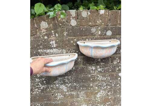 Vintage Ceramic Wall Planters In Peach & Blue Patina – 1980s, Mediterranean Garden Courtyard Look; Sconce Outdoor Light Shell Shaped