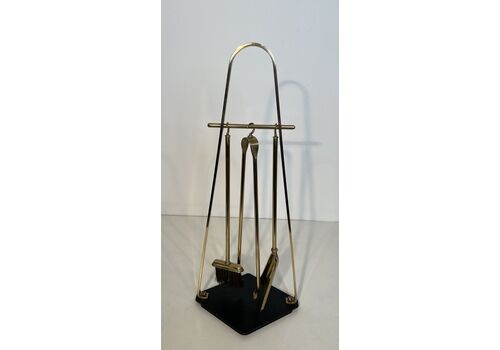 Designer Fire Kit In Black Lacquered Metal And Brass