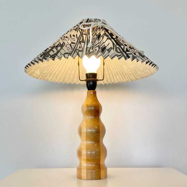 Vintage Danish Design Mid Century Modern Table Lamp With Massive Wooden Base And Pleated Fabric Shade photo furniture