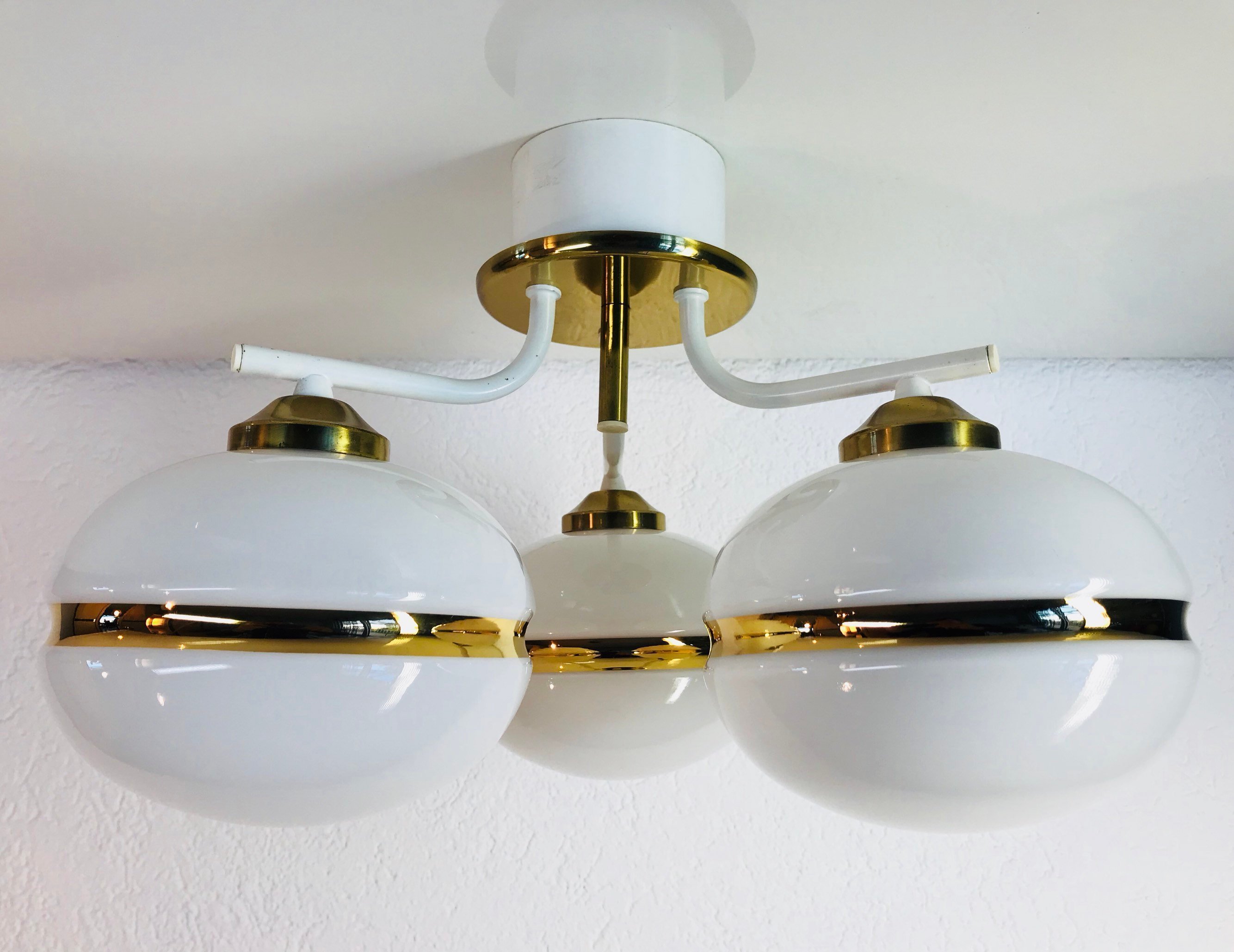 Unused Luxury Mid Century Pendant White Opal Glass Gold Lines