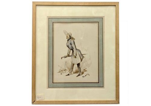 Caricature Of A Bourgeois With A Hat, Ink And Watercolor, 19th Century