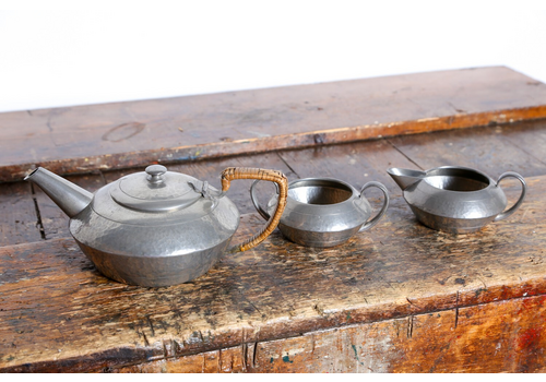 Liberty Tudric Pewter Tea Set 3 Piece Teapot, Sugar Bowl, Creamer, Arts & Crafts