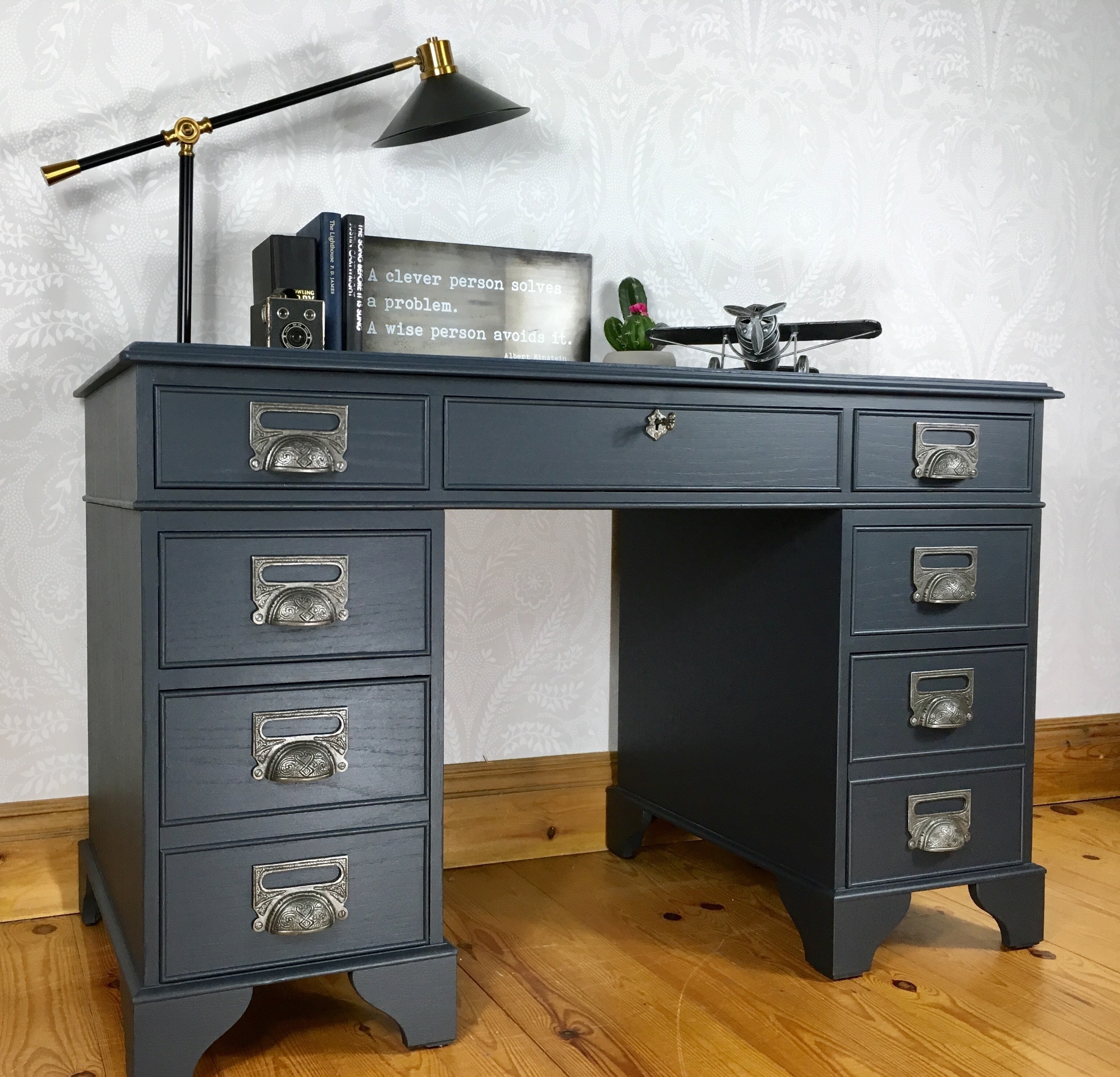 Double Pedestal Desk Office Large Study Dark Blue Painted Wooden