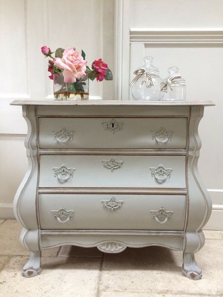 Small Vintage Pine Painted Grey French Style Bombe Chest Of