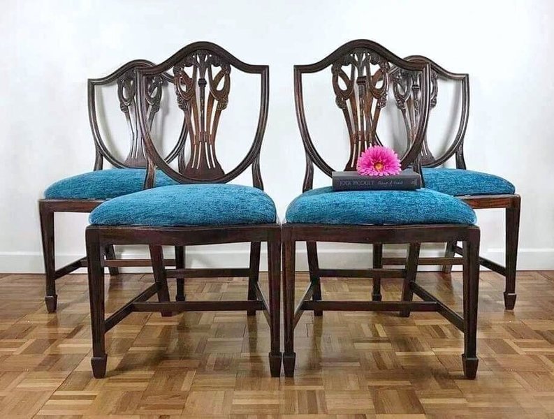 Set Of 4 Sheraton Revival Style Dining Chairs Shield Back Kitchen Reupholstered With Teal Chenille Fabric