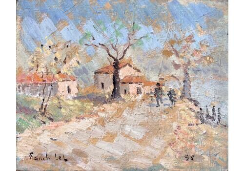 Fanch Lelimpressionist Autumn Landscape With Path Trees And Village Houses In France1995