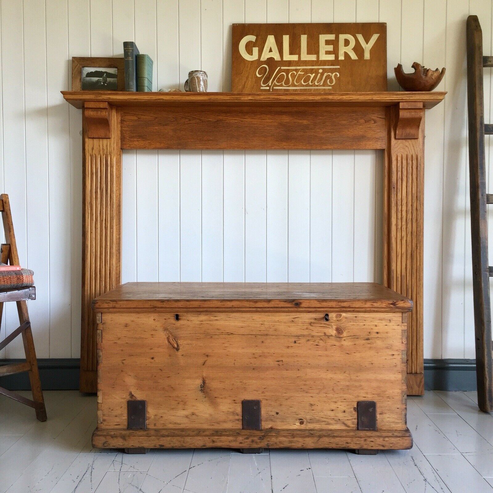 Antique Pine Industrial Chest Victorian Wooden Storage Trunk