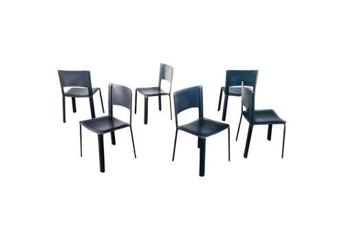 Set Of Six Chairs, Designed By Willy Rizzo For Cidue, In Black Leather. Italy, 1970s