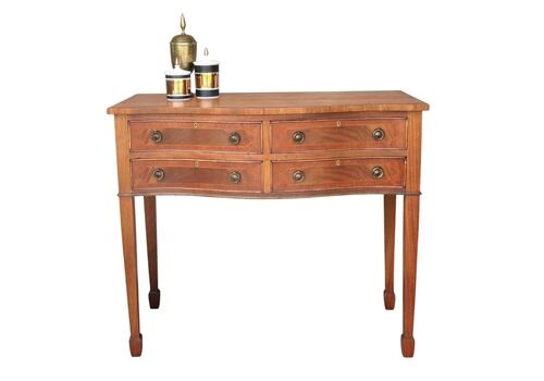 Antique Sheraton Revival Console Table, Serpentine Front Mahogany Side Table, Inlaid Banding, 4 Drawers, Georgian Style Vintage Furniture