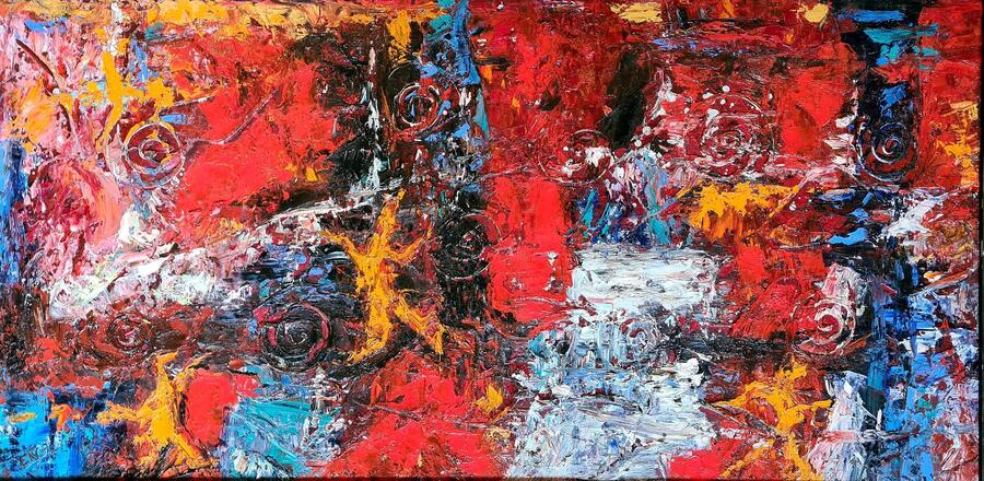 Abstract Expressionist Oil On Canvas, 'Convergence Symphony In Red & Orange' From After 1947 By Ernest Engel Pak photo furniture