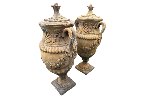 Stunning French Pair Of Matching Stone Urns, Lovely Patina And Colour