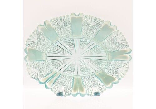 Antique Davidson Opalescent Victorian “Richelieu” Blue Pearline Pressed Glass Oval Plate
