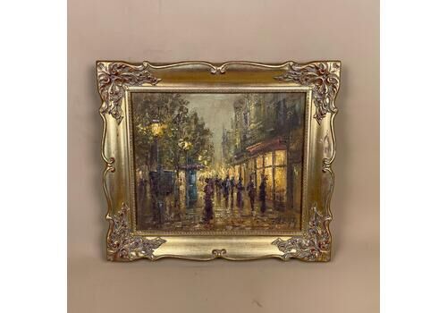 Vintage Oil Painting Urban Landscape Evening Street Lights Gold Wood Frame 1982 Colin Maxwel Parsons Buzzy Evening Street People
