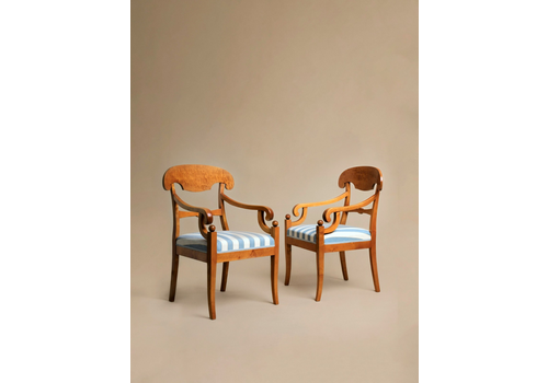 Pair Of  Antique Swedish Neoclassical Biedermeier Armchairs, Curly Birch C.1840