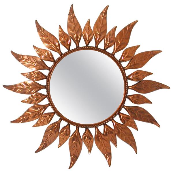 Midcentury French Copper Sunburst Wall Mirror 1950s