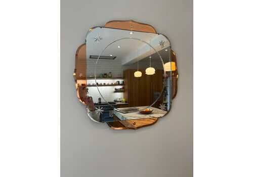 Large Art Deco Mirror Peach Cut & Etched