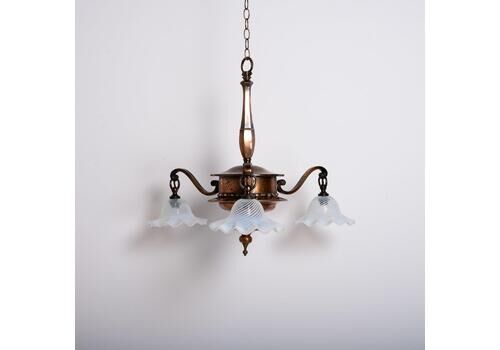 Large Copper Three Branch Chandelier With Jelly Opalescent Glass Shades By Gec