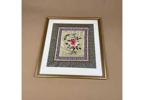 Oriental Embroidered Silk Floral Butterfly Art Artwork Green Pink Picture Gold Frame Chinese Asian Fabric Antique Original