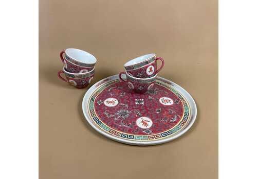 Vintage Chinese Porcelain Tea Cup & Saucer Set Pink Oriental Four 4x Cups Decorative Kitchen Tea Set Asian