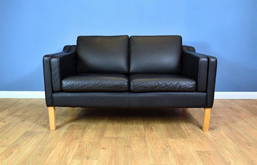 Mid Century Modern Retro Danish Black Leather Mogensen Style 2 Seat Sofa Settee